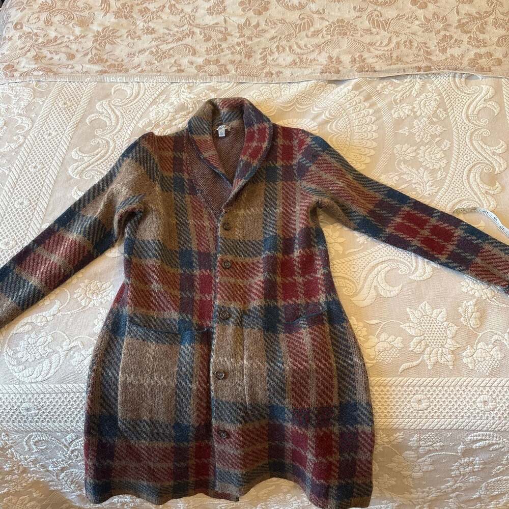 Toad&Co Women's Large Lambswool Plaid Shawl Collar Long Cardigan Sweater Coat